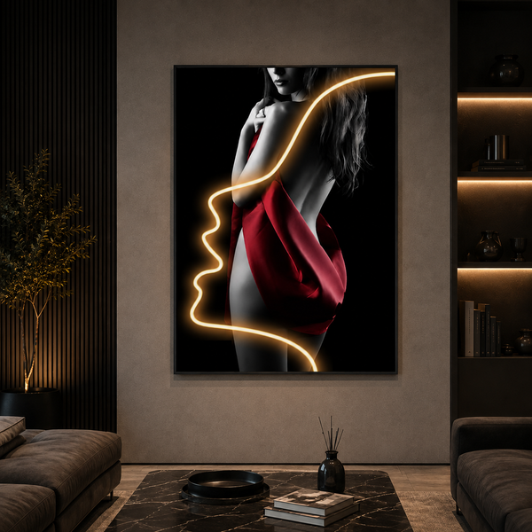 Tablou Decorativ cu Iluminare LED Silueta in Rosu, 60 x 80 cm, 24W, Lumina Neutra, Aliaj de Aluminiu si MDF