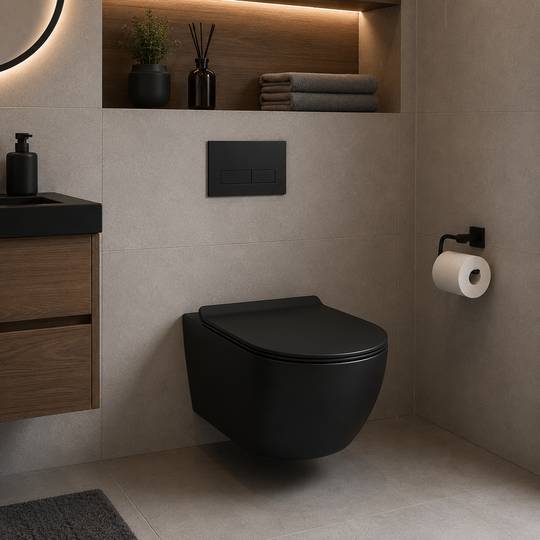 Toilettes murales sans cadre NUNAVUT, drain horizontal (siphon en P) 18 cm, 49x36x31cm, noir