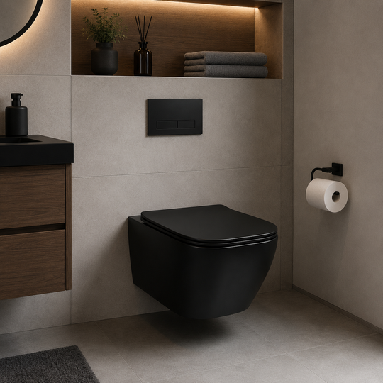 Toilettes suspendues sans cadre NUNAVUT, drain horizontal (siège en P) 18 cm, 51,5 x 36,5 x 36 cm, noir