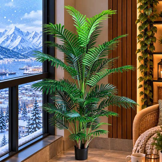Palmier Kentia artificiel, 3 tiges, 30 feuilles, 190 cm, vert, avec pot