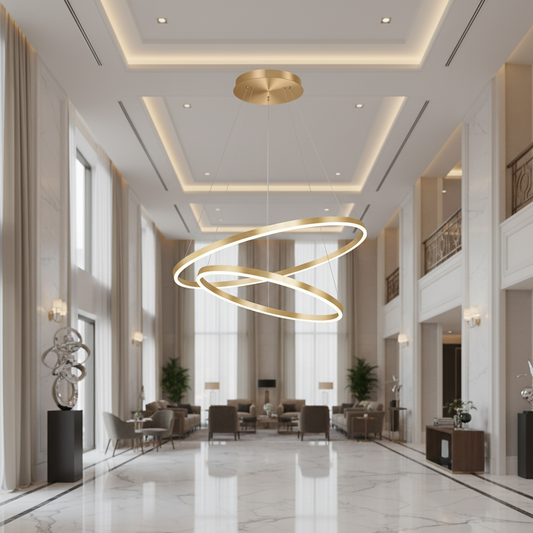Lustre LED suspendu avec télécommande CHRISTINE, 41W, 2 Cercles, Lumière Froid/Chaude/Neutre, Dimmable, Or Brillant, Hauteur Réglable