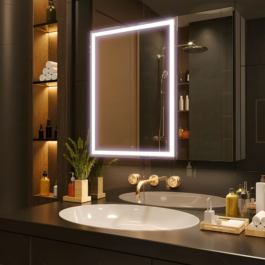Miroir LED avec meuble STRATO 75x70 cm Noir Éclairage complet et rangements spacieux