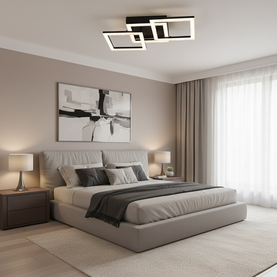 Lustre LED avec télécommande GEO 43W, 3 Carrés, Lumière Froid/Chaud/Neutre, Dimmable, Métal et Acrylique, Noir
