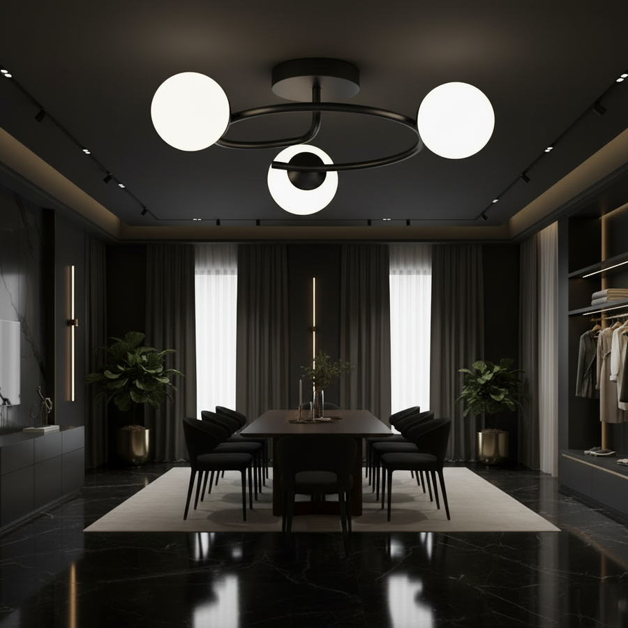 Lustre LED et cristal ORBIT, 66cm, 3xE27, Globes, Noir