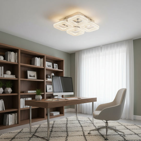 RENATO Nobile Lustre LED avec télécommande et cristal, 54W, 4 carrés, Lumière Froide/Chaude/Neutre, Dimmable, Blanc