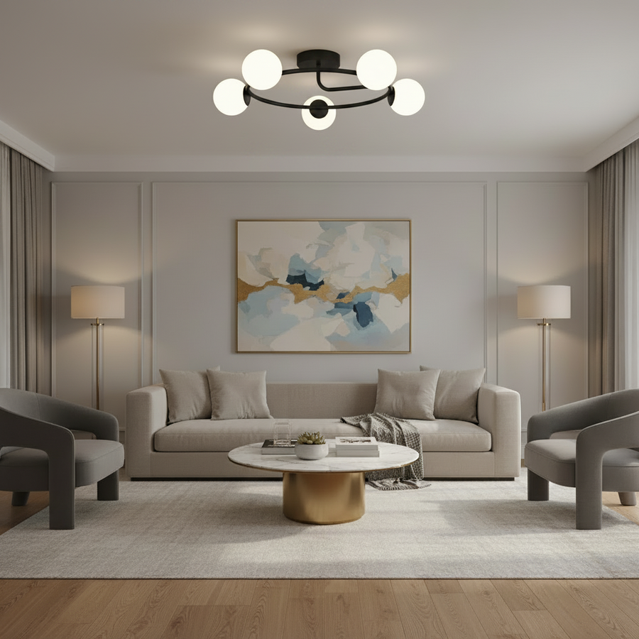 Lustre LED et cristal ORBIT, 72cm, 5xE27, Globes, Noir