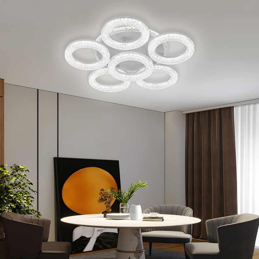 FREJA Lustre LED avec Télécommande, 90W, 3000K/4000K/6000K, Intensité Variable, Blanc, Cristaux, 6 Cercles