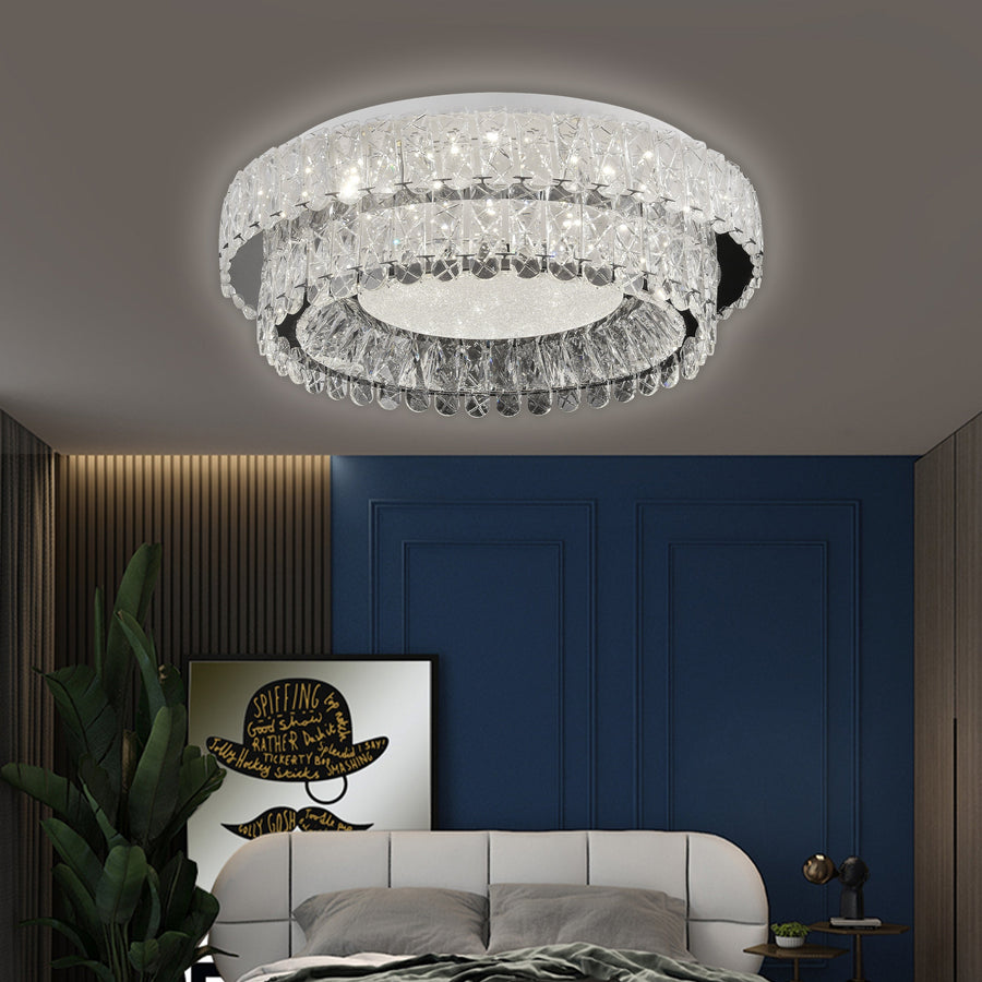 Lustre LED avec télécommande, LLC153/500CH, cristal et métal, 59 W, 1 cercle, intensité variable, hauteur réglable, lumière froide/chaude/neutre, éclairage luxueux