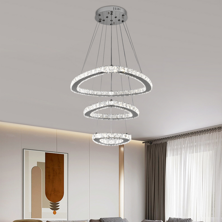 Lustre LED suspendu avec télécommande et cristal PRISM LUMORA 63W, 3 Cercles, Lumière Froid/Chaud/Neutre, Dimmable, Chrome Brillant, Hauteur Réglable