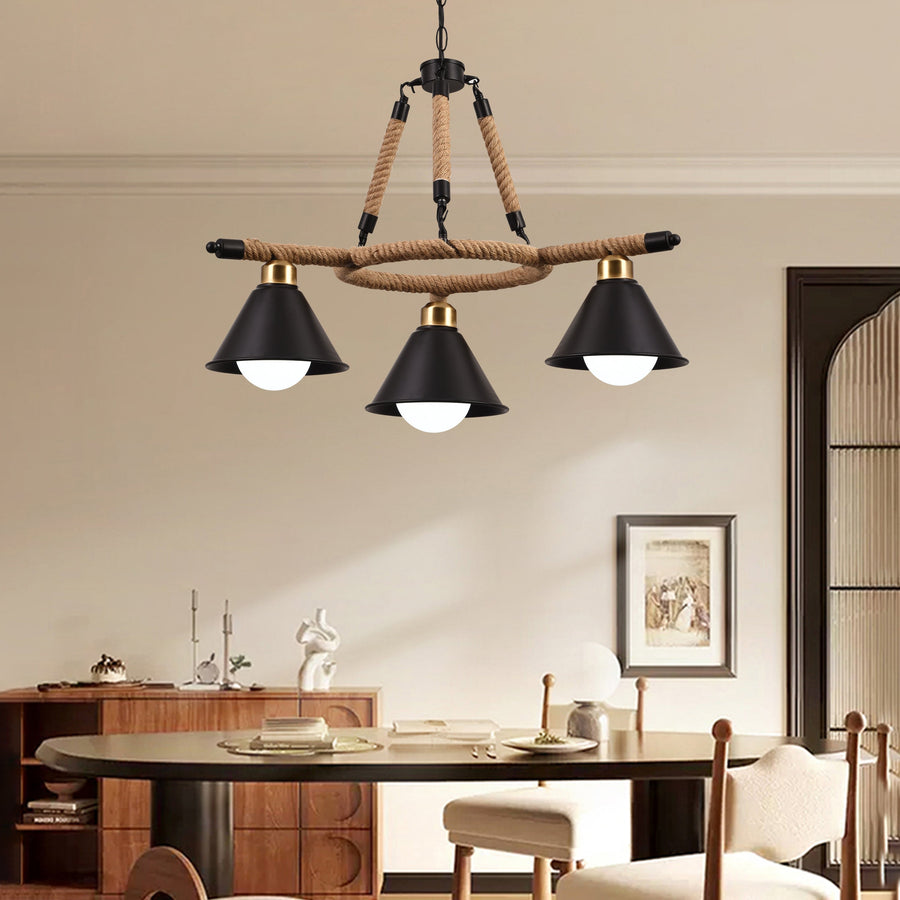 Lustre suspendu vintage, LV571/3BK, 3*E27, marron, métal et ficelle