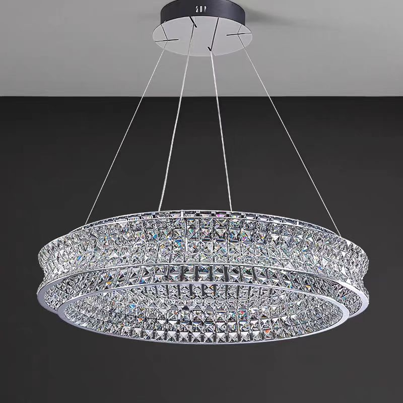 Lustre LED avec télécommande, LLC160/500CH, cristal et métal, 55 W, 1 cercle, intensité variable, hauteur réglable, lumière froide/chaude/neutre, éclairage luxueux