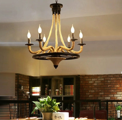 Lustre suspendu vintage, LV581/6BK, 6*E27, marron, métal et ficelle