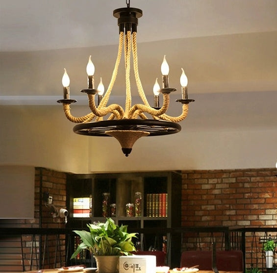 Lustre suspendu vintage, LV581/6BK, 6*E27, marron, métal et ficelle