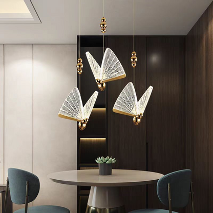 Lustre suspendu LED papillon en acrylique 9W, lumière chaude/neutre/froide 3000K/4000K/6000K, or, métal et acrylique, hauteur réglable