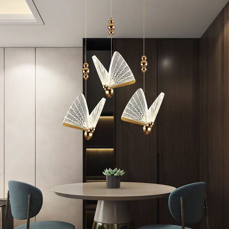 Lustre suspendu LED papillon en acrylique 9W, lumière chaude/neutre/froide 3000K/4000K/6000K, or, métal et acrylique, hauteur réglable