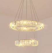 Lustre LED LLC130/2CH, cristal et métal, 62 W, 2 cercles, intensité variable, hauteur réglable, lumière froide/chaude/neutre, éclairage luxueux