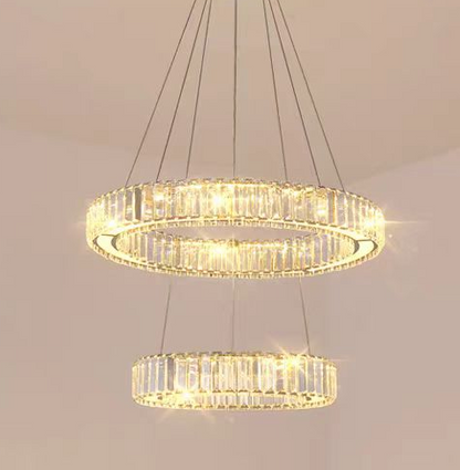 Lustre LED LLC130/2CH, cristal et métal, 62 W, 2 cercles, intensité variable, hauteur réglable, lumière froide/chaude/neutre, éclairage luxueux