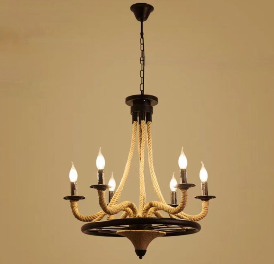 Lustre suspendu vintage, LV581/6BK, 6*E27, marron, métal et ficelle