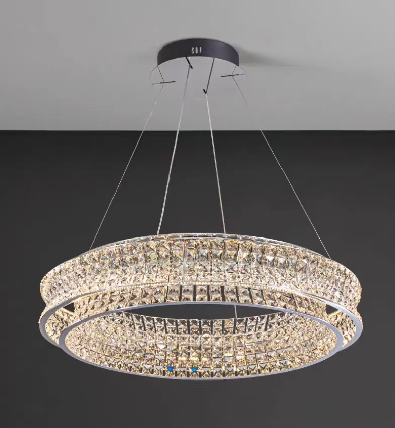 Lustre LED avec télécommande, LLC160/500CH, cristal et métal, 55 W, 1 cercle, intensité variable, hauteur réglable, lumière froide/chaude/neutre, éclairage luxueux