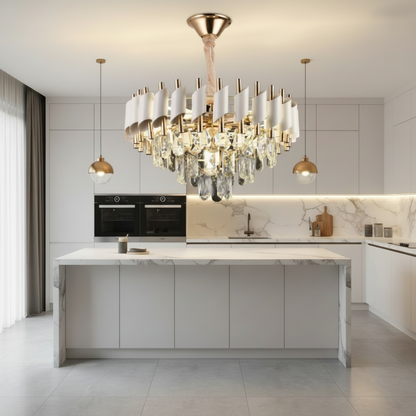 Candelabru Cristal VERSAILLES Nobile 5xE14, Diametru 40cm, Auriu Lucios si Alb Candelabre Cristal Default Title Alessandro Design