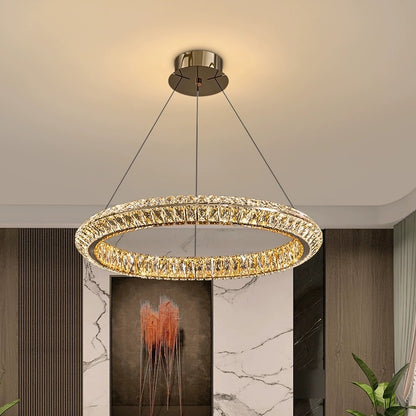 Lustre LED avec télécommande, LLC132/500GD, cristal et métal, 26 W, 1 cercle, intensité variable, hauteur réglable, lumière froide/chaude/neutre, éclairage luxueux