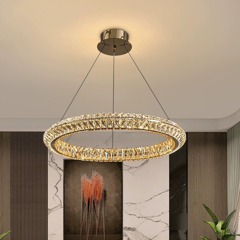 Lustre LED avec télécommande, LLC132/500GD, cristal et métal, 26 W, 1 cercle, intensité variable, hauteur réglable, lumière froide/chaude/neutre, éclairage luxueux
