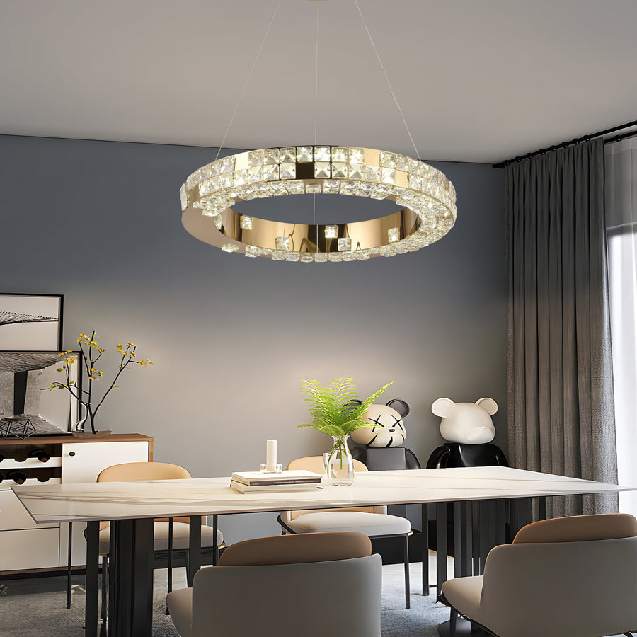 Lustre LED avec télécommande, LLC135/1GD, cristal et métal, 29 W, 1 cercle, intensité variable, hauteur réglable, lumière froide/chaude/neutre, éclairage luxueux