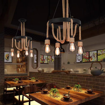 Lustre à roue LV580/4BK, 4*E27, marron, métal et ficelle