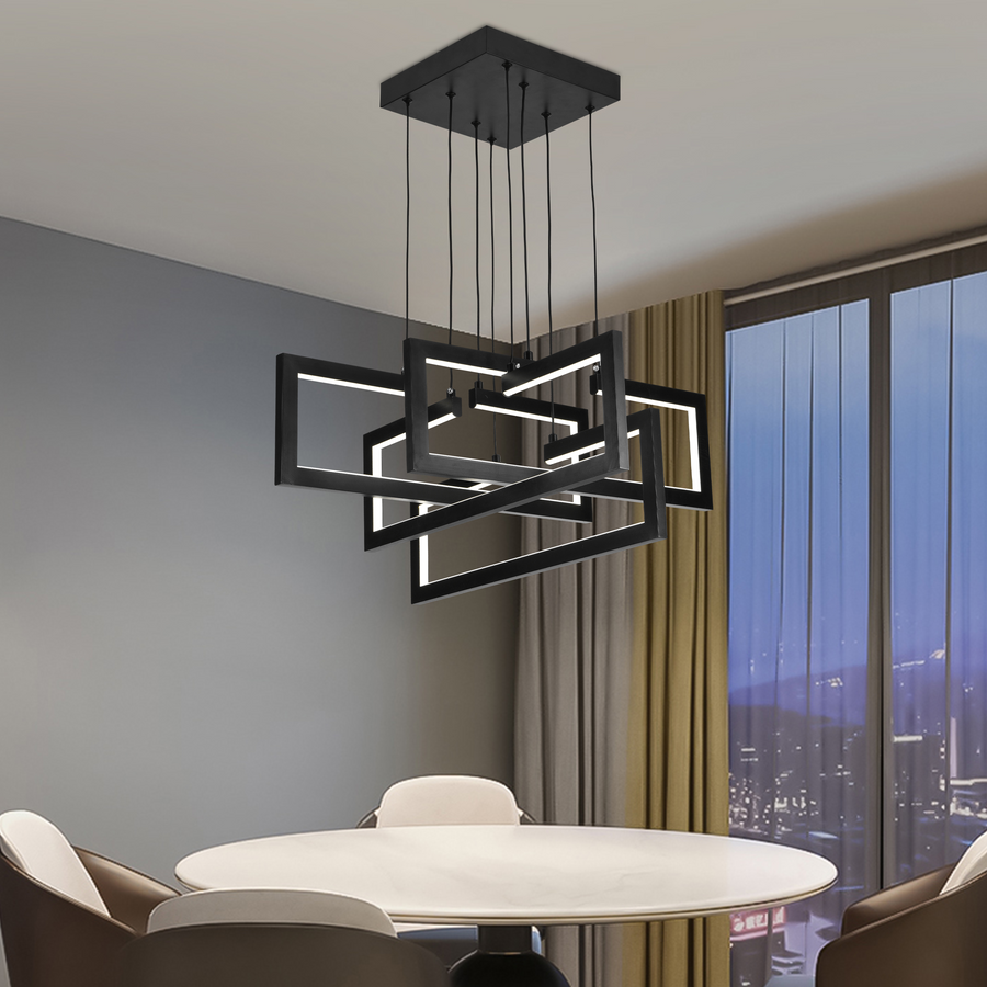 Lustre LED avec télécommande, Suspendu 96W, 4 Éléments, Lumière Froid/Chaud/Neutre, Dimmable, Hauteur réglable, Noir