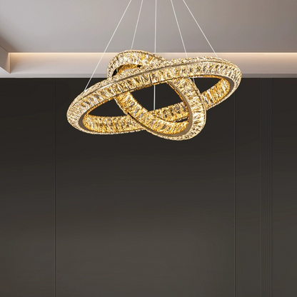 Lustre LED avec télécommande, LLC132/300+500GD, cristal et métal, 48 W, 2 cercles, variable, hauteur réglable, lumière froide/chaude/neutre 3000 K/4000 K/6000 K, éclairage luxueux,