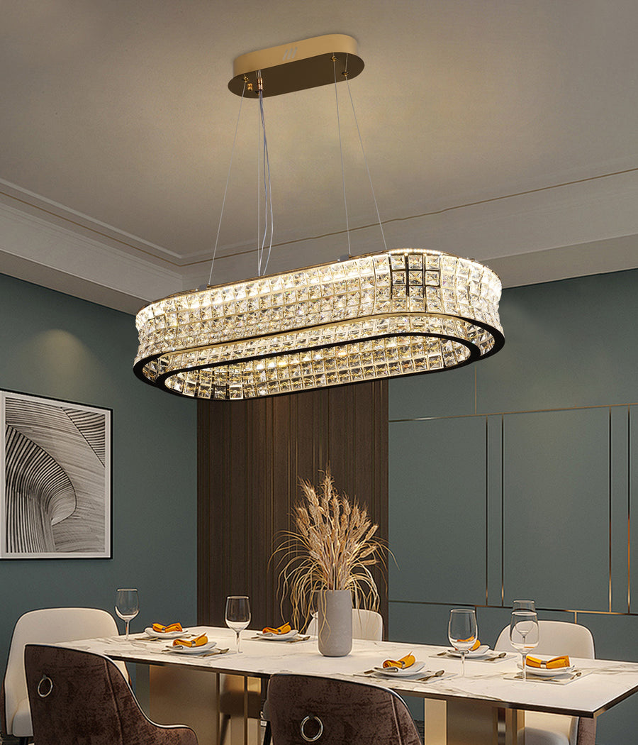 Lustre LED avec télécommande, LLC160/750X350GD, cristal et métal, 160 W, variable, hauteur réglable, lumière froide/chaude/neutre, éclairage luxueux