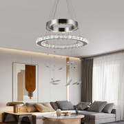 Lustre LED suspendu avec télécommande et cristal 36W, 2 Cercles, Lumière Froid/Chaud/Neutre, Dimmable, Chrome Brillant, Hauteur Réglable