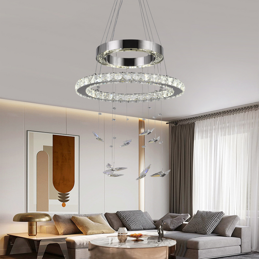 Lustre LED suspendu avec télécommande et cristal 36W, 2 Cercles, Lumière Froid/Chaud/Neutre, Dimmable, Chrome Brillant, Hauteur Réglable