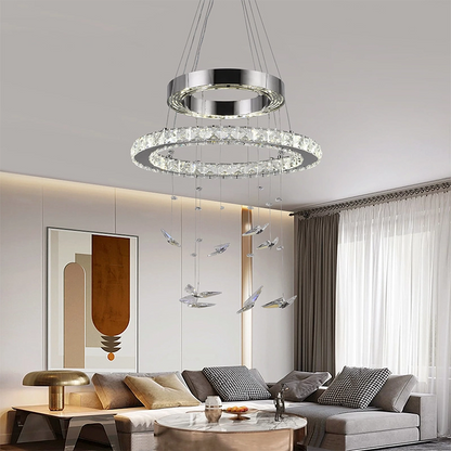 Lustre LED suspendu avec télécommande et cristal 36W, 2 Cercles, Lumière Froid/Chaud/Neutre, Dimmable, Chrome Brillant, Hauteur Réglable