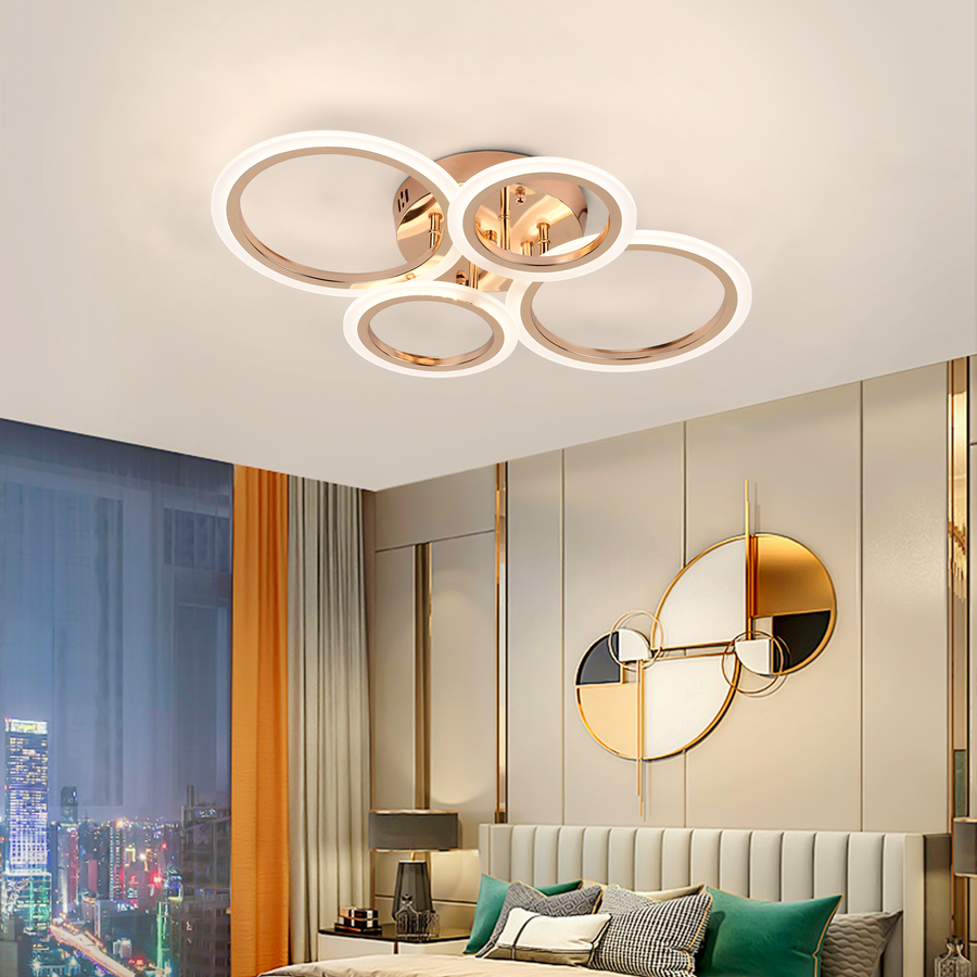 Lustre LED avec télécommande BETTY 43W, 4 Cercles, Lumière Froide/Chaude/Neutre, Dimmable, Or Brillant