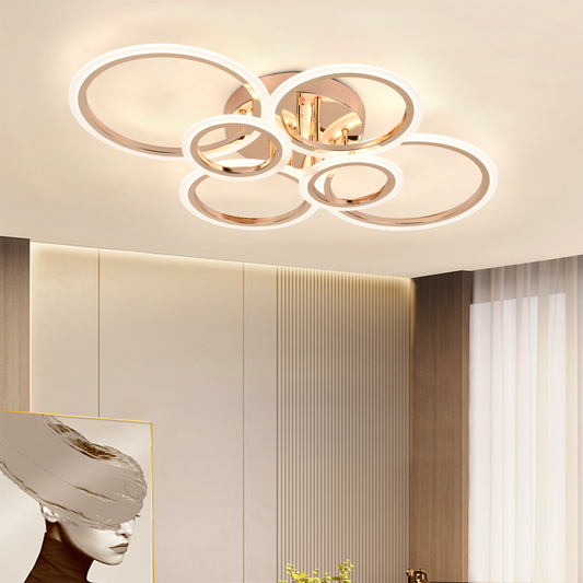 Lustre LED avec télécommande BETTY 82W, 6 Cercles, Lumière Froide/Chaude/Neutre, Dimmable, Or Brillant