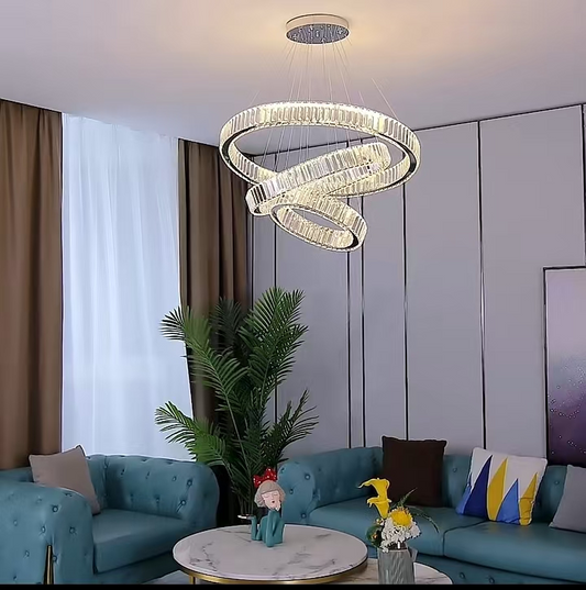 Lustre LED LLC130/3CH, cristal et métal, 120 W, 3 anneaux, intensité variable, hauteur réglable, lumière froide/chaude/neutre, éclairage luxueux