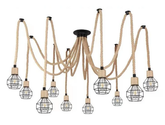 Lustre Vintage LV121/10BK, 10xE27, Rustique, Corde et Métal, 2x100cm, Support Noir