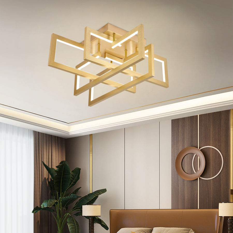 Lustre LED avec télécommande 96W, 4 Éléments, Lumière Froide/Chaude/Neutre, Dimmable, Doré