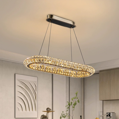 Lustre LED avec télécommande, LLC132/900X300GD, cristal et métal, 80 W, 1 cercle, intensité variable, hauteur réglable, lumière froide/chaude/neutre, éclairage luxueux