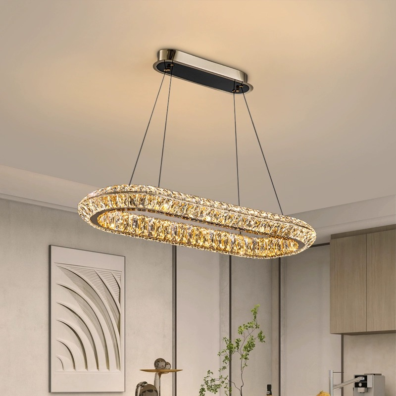 Lustre LED avec télécommande, LLC132/900X300GD, cristal et métal, 80 W, 1 cercle, intensité variable, hauteur réglable, lumière froide/chaude/neutre, éclairage luxueux