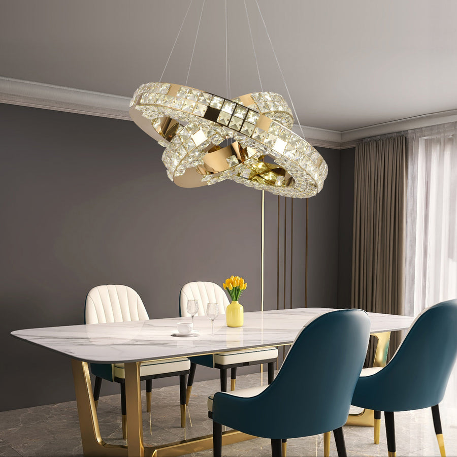 Lustre LED avec télécommande, LLC135/2GD, cristal et métal, 55 W, 2 cercles, intensité variable, hauteur réglable, lumière froide/chaude/neutre 3000 K/4000 K/6000 K, éclairage luxueux