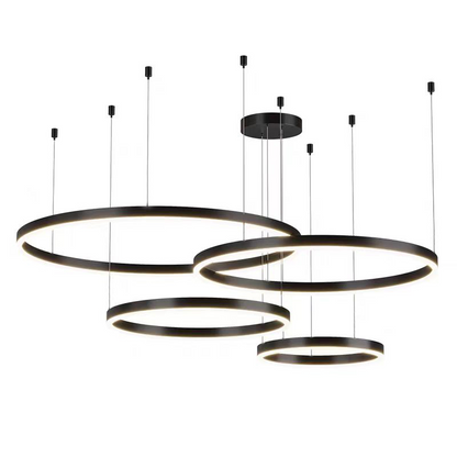 Lustre LED suspendu avec télécommande LT813/4BK 138W, 4 Cercles, Lumière Froide/Chaude/Neutre, Dimmable, Noir, Hauteur Réglable