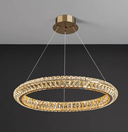 Lustre LED avec télécommande, LLC132/500GD, cristal et métal, 26 W, 1 cercle, intensité variable, hauteur réglable, lumière froide/chaude/neutre, éclairage luxueux