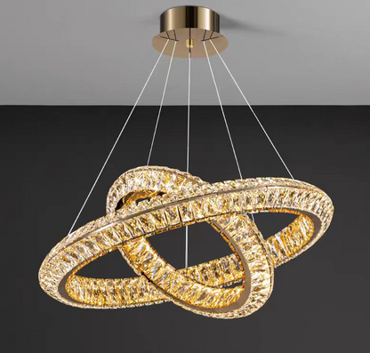 Lustre LED avec télécommande, LLC132/300+500GD, cristal et métal, 48 W, 2 cercles, variable, hauteur réglable, lumière froide/chaude/neutre 3000 K/4000 K/6000 K, éclairage luxueux,