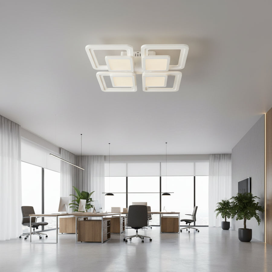 Lustre LED avec télécommande SUSAN 96W, 4 carrés, Lumière Froide/Chaude/Neutre, Dimmable, Blanc