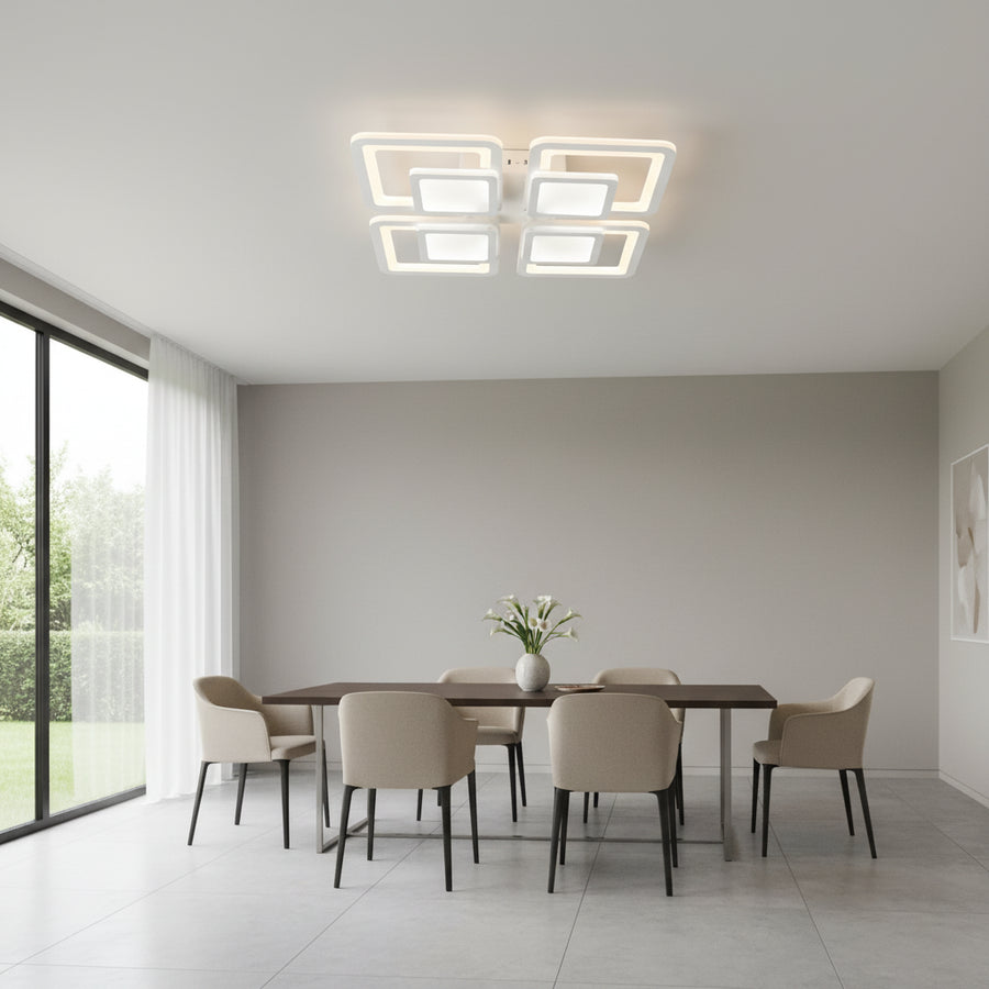 Lustre LED avec télécommande SUSAN 96W, 4 carrés, Lumière Froide/Chaude/Neutre, Dimmable, Blanc