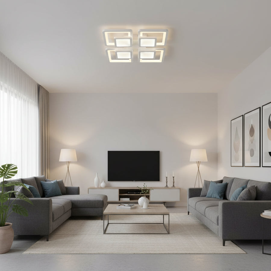 Lustre LED avec télécommande SUSAN 96W, 4 carrés, Lumière Froide/Chaude/Neutre, Dimmable, Blanc