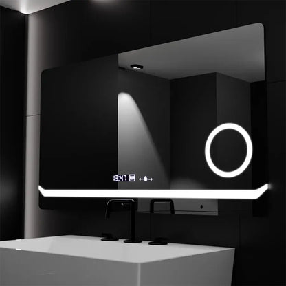 Miroir LED rectangulaire, 80x60 cm, Definition MotionGlow Marcello, système anti-buée, horloge et thermomètre, loupe cosmétique, intensité variable