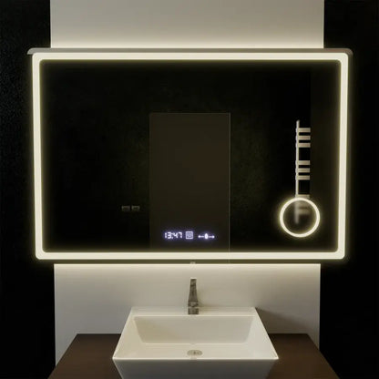 Miroir LED rectangulaire, 120x80 cm, Souverain MotionGlow Marcello, système anti-buée, horloge et thermomètre, loupe cosmétique, intensité variable
